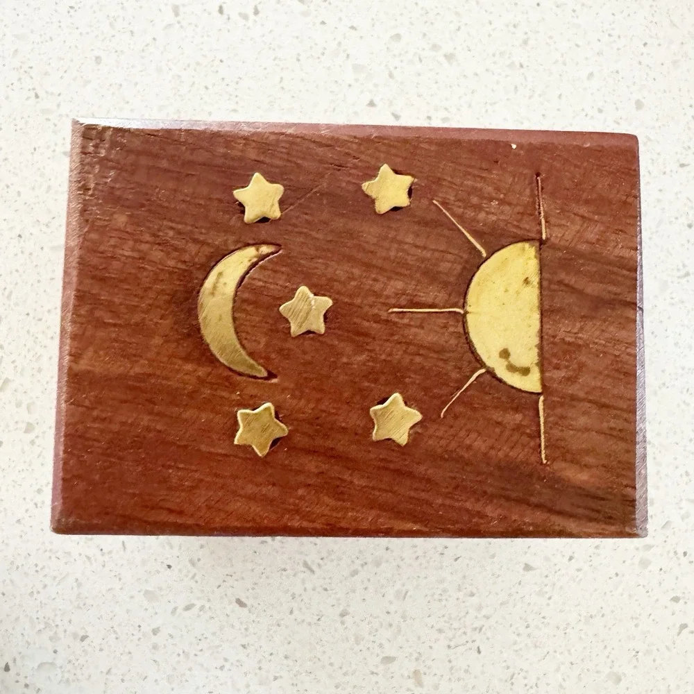 2 Small Celestial Wood Celtic Box Brass Metal Inlay Trinket Gift Box Wicca Witch